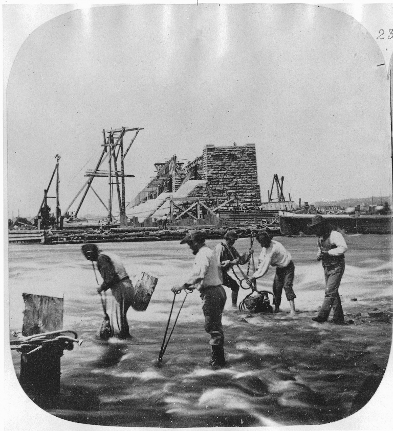 Men destroying coffer dam crib, Victoria Bridge, Montreal, QC, 1859